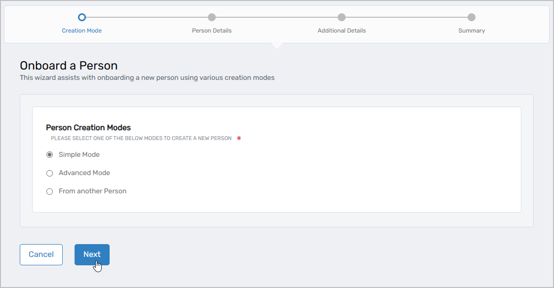 Simple Mode selected in Person Creation Mode