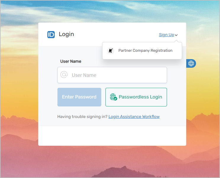 Login page with Partner Company Registration sign-up option