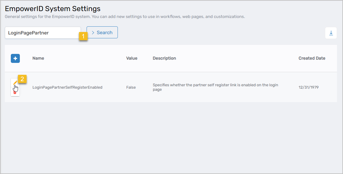 Edit button for LoginPagePartner setting