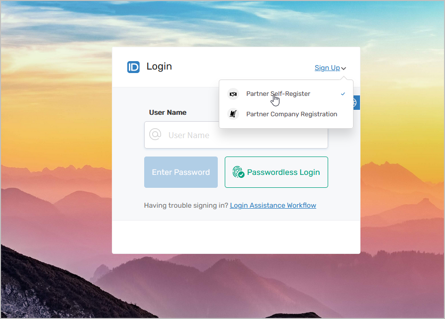 Login page with Partner Self-Register sign-up option