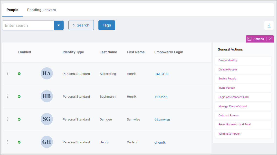 Partner admin available actions on Find People page