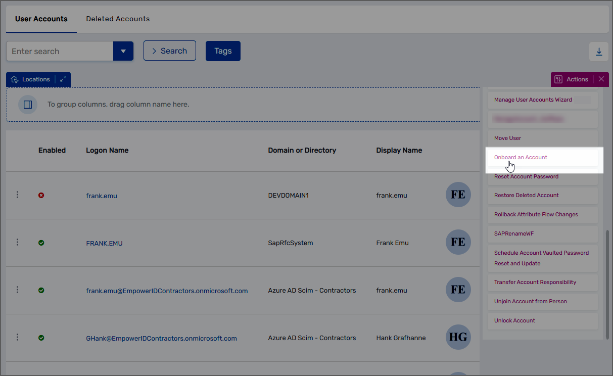 Onboard an Account action