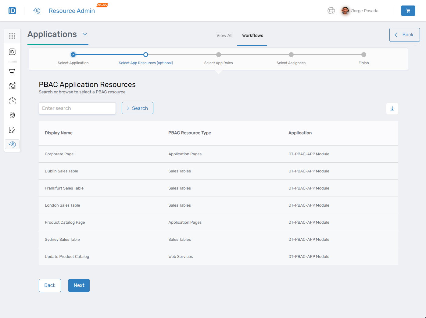 Select App Resources screen