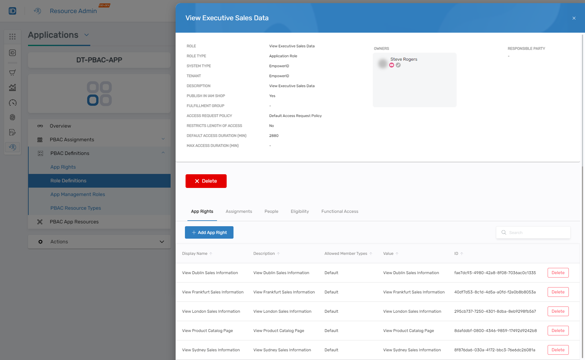 Role definition detail view