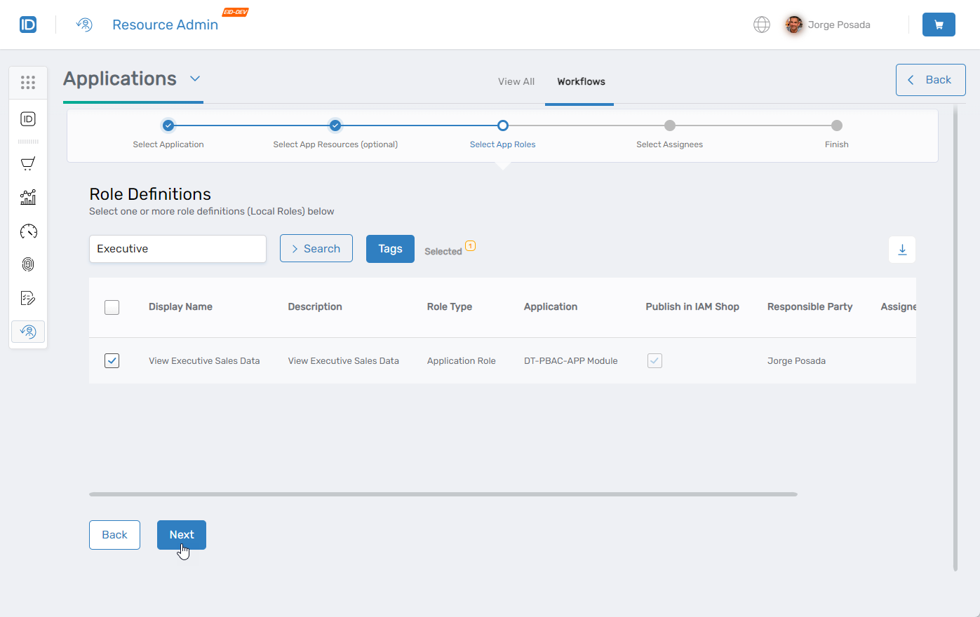 Select Role Definitions screen