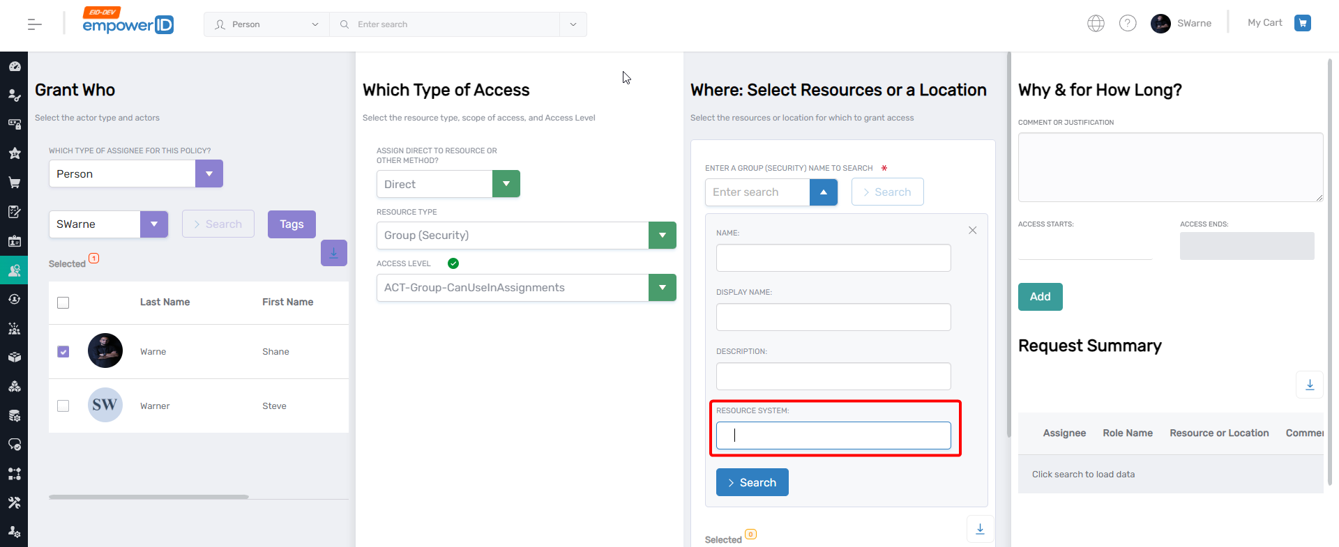 Resource System search field in GrantActorAccess page