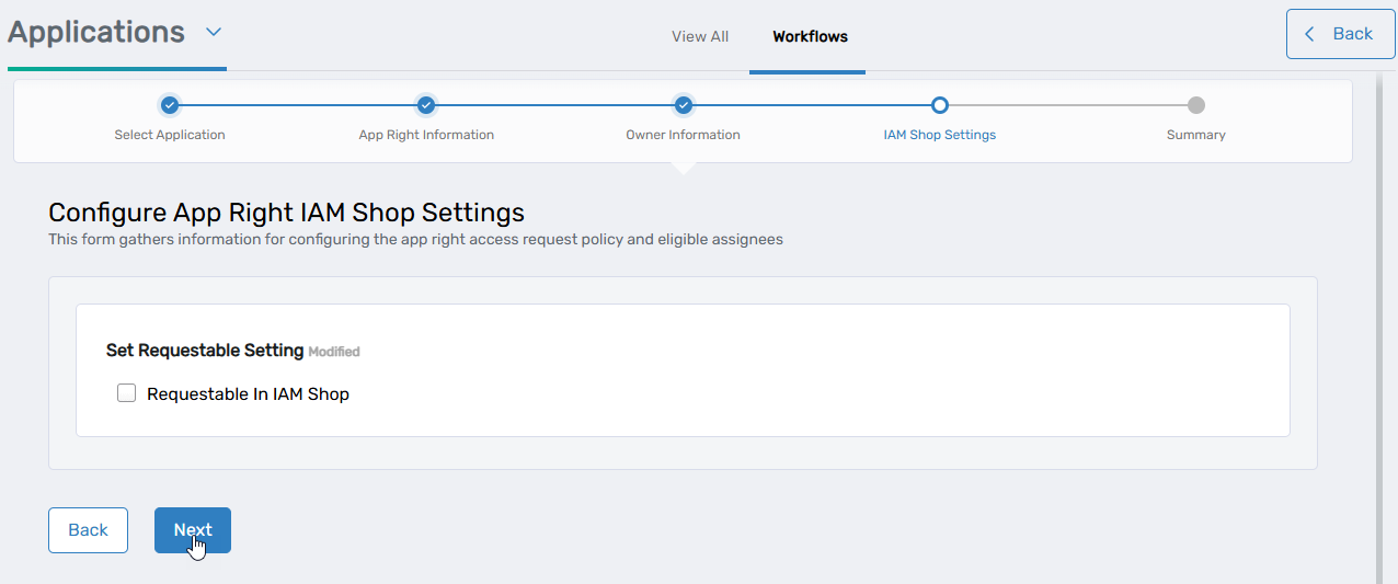 IAM Shop Settings with Default Access Request Policy