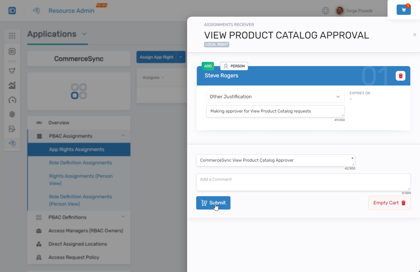 Shopping cart with comment and business request name