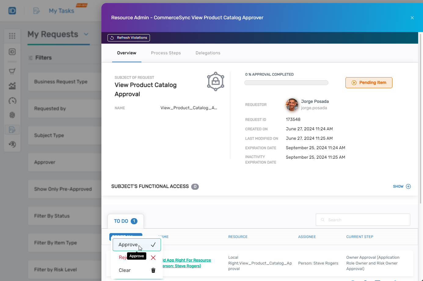Request status link in My Tasks