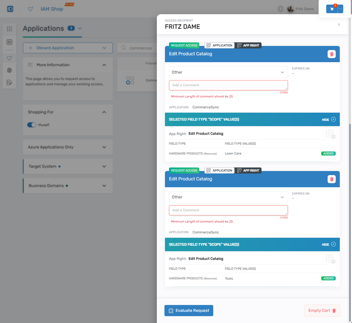 Shopping cart with app right and scope values