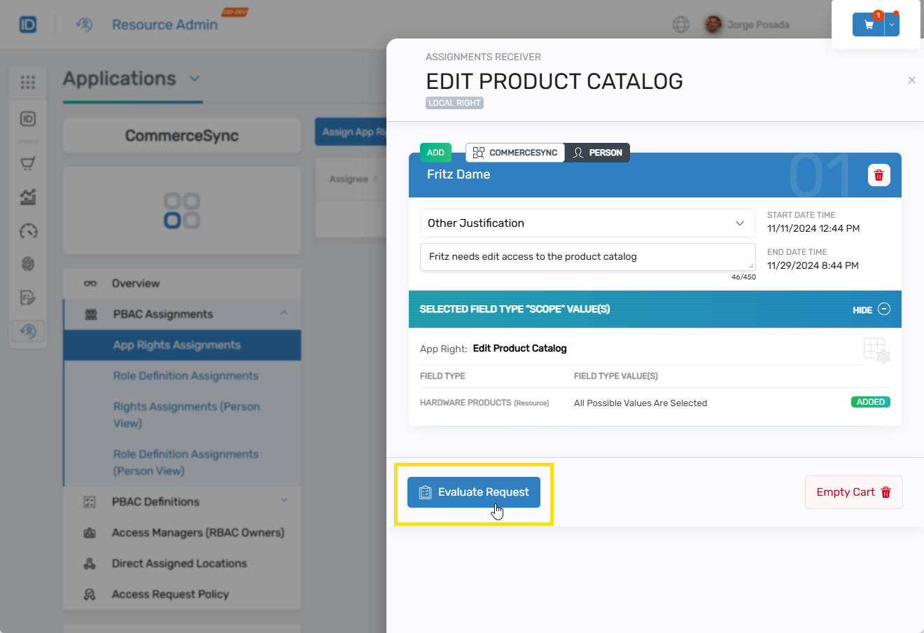 Evaluate Request button