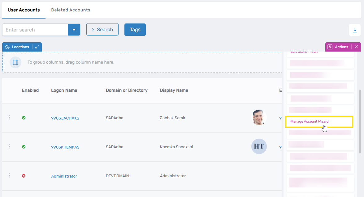 Manage Account Wizard action
