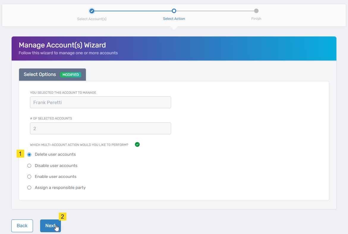 Delete user accounts action