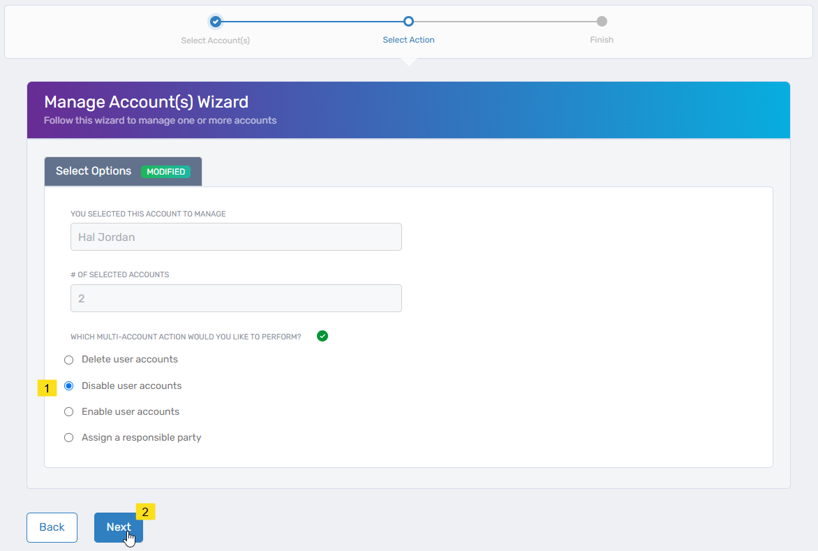 Disable user accounts action