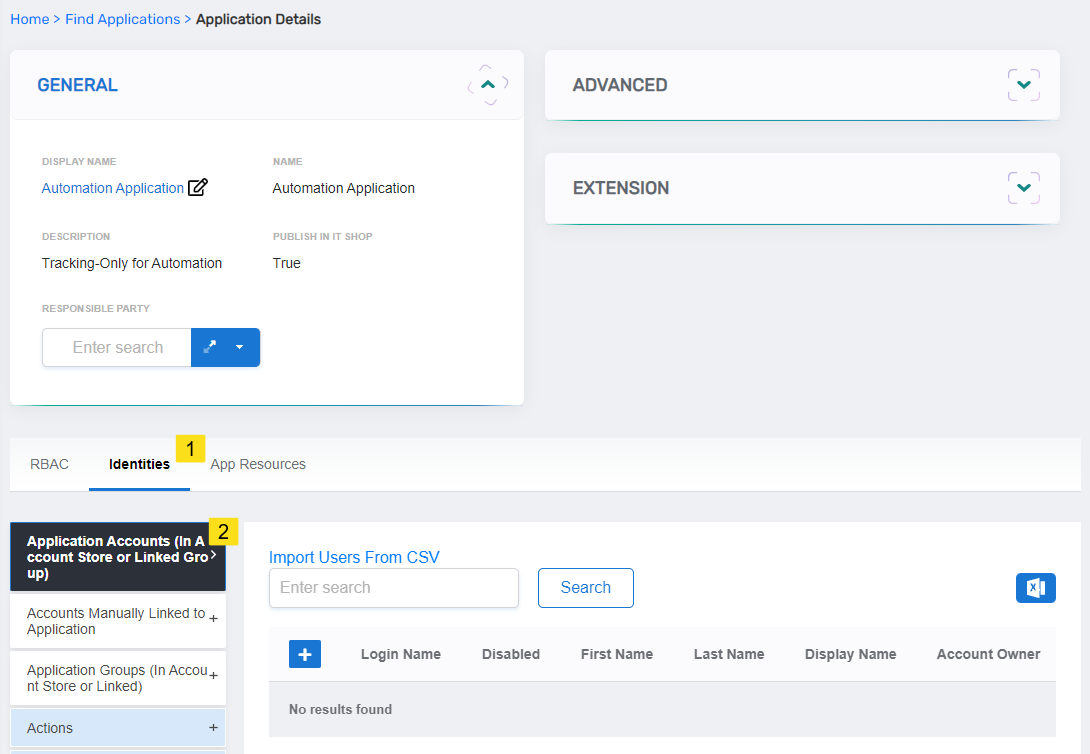 Application Accounts accordion