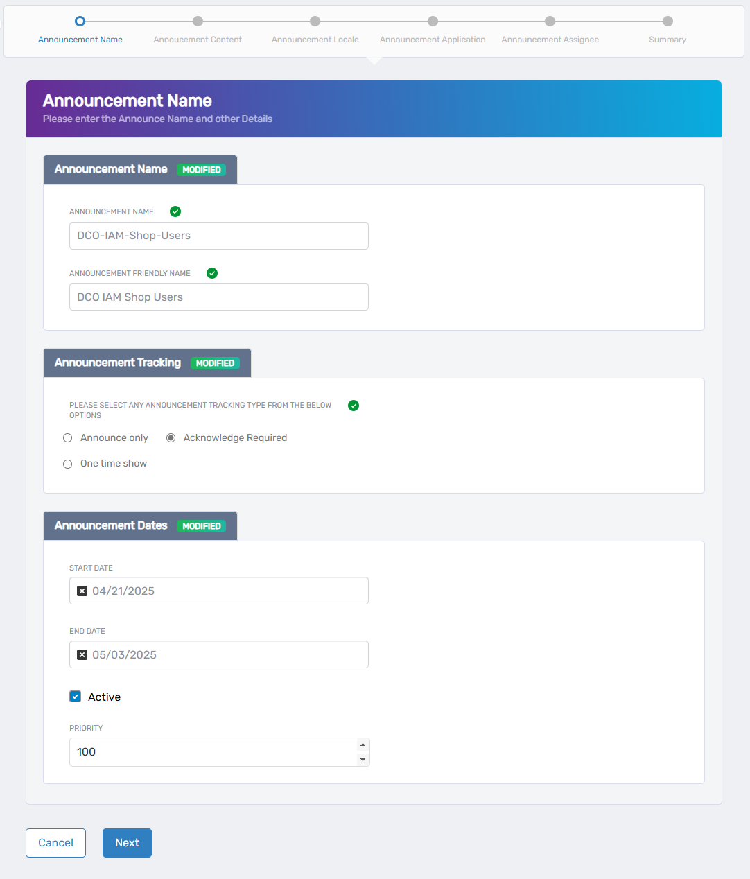 Announcement Name Information