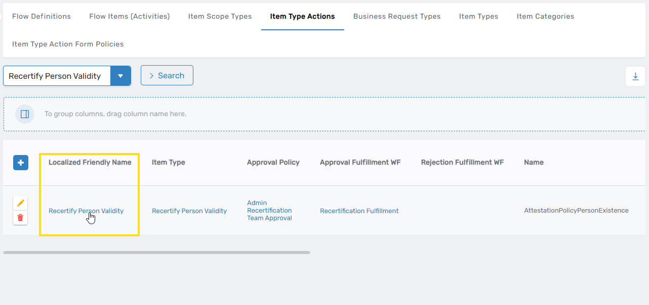 Item Type Actions Tab