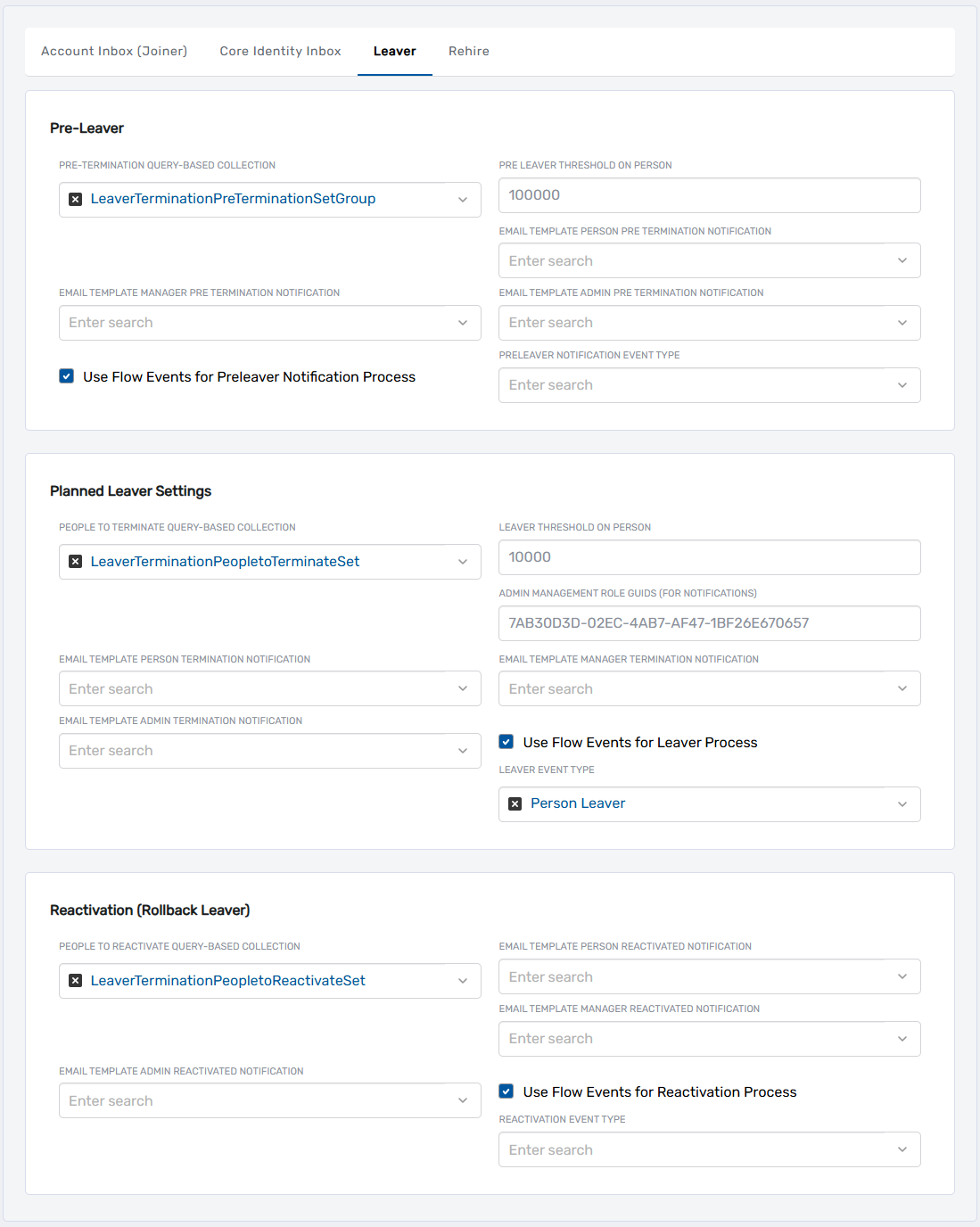 Leaver settings form
