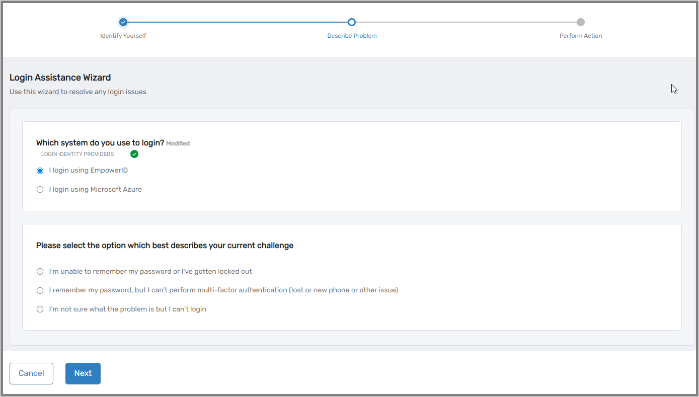 Login Assistance Wizard interface