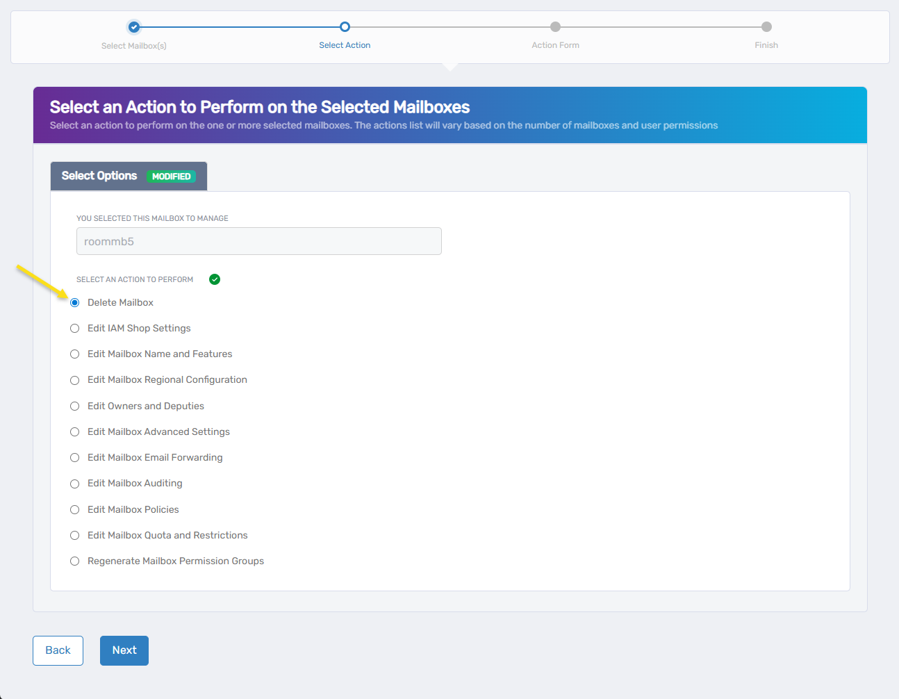 Delete Mailboxes Action