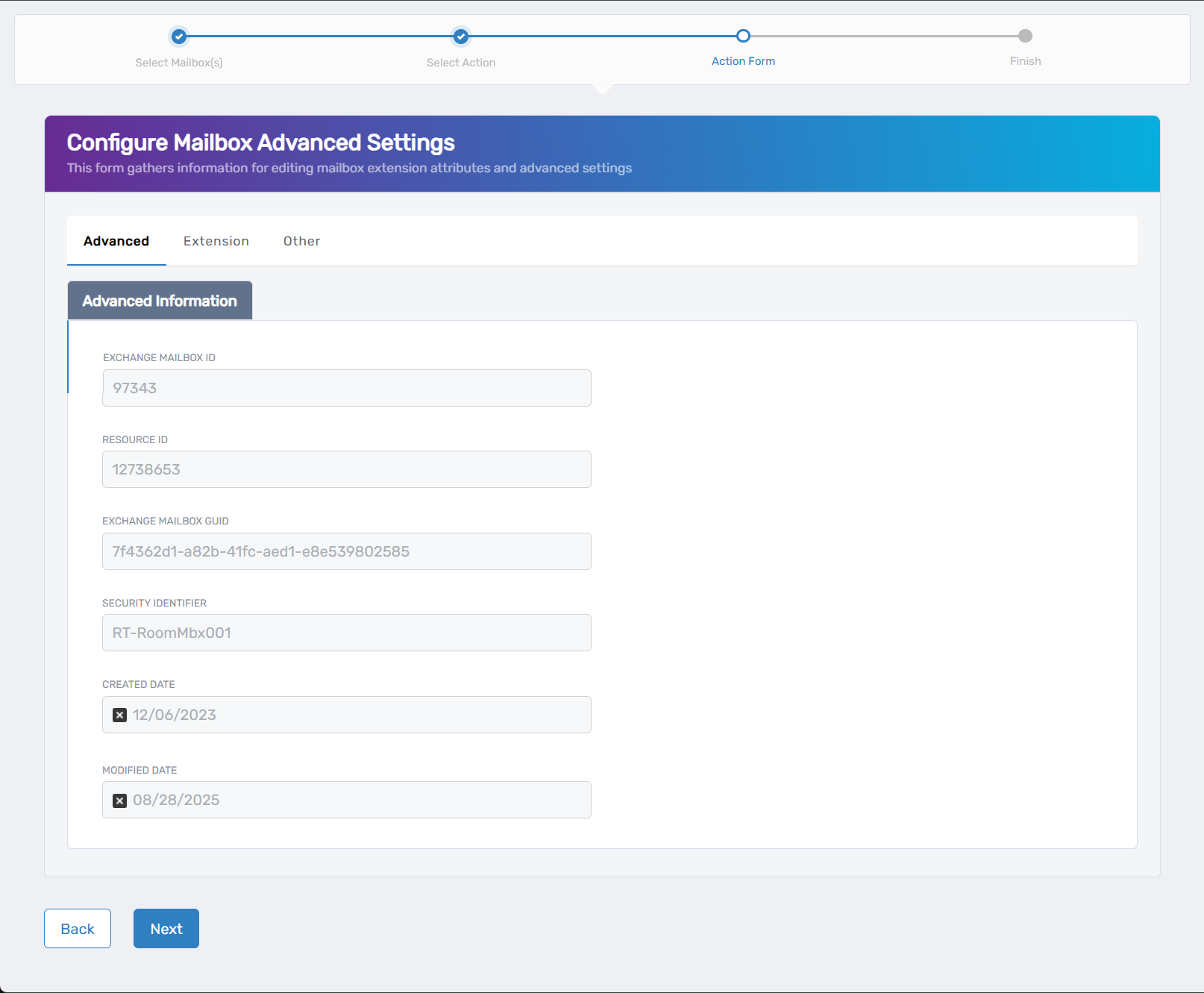 Edit Mailbox Advanced Settings Form