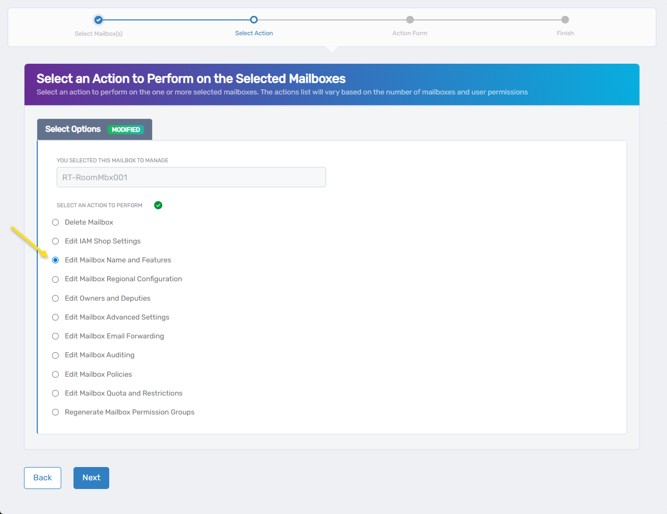 Edit Mailbox Name and Features Action