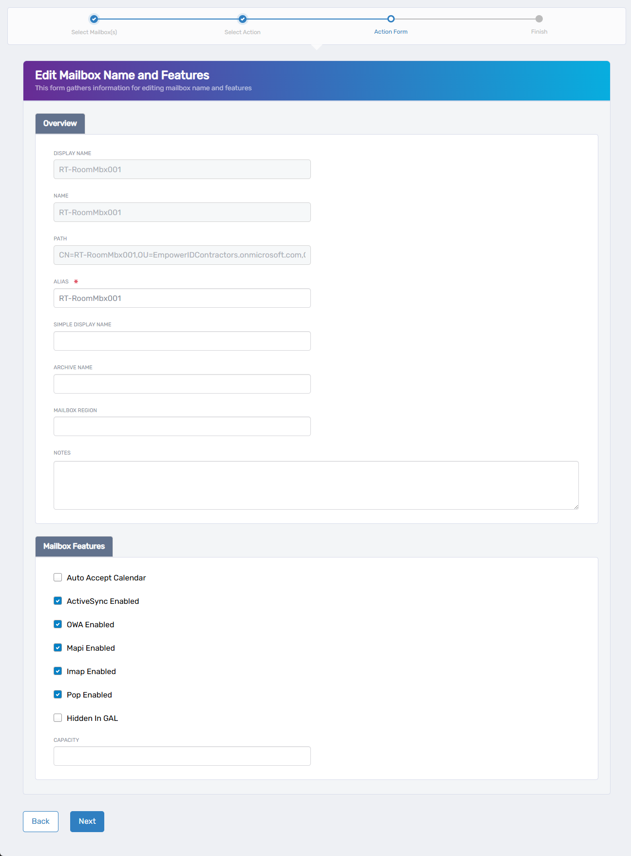 Edit Mailbox Name and Features Form