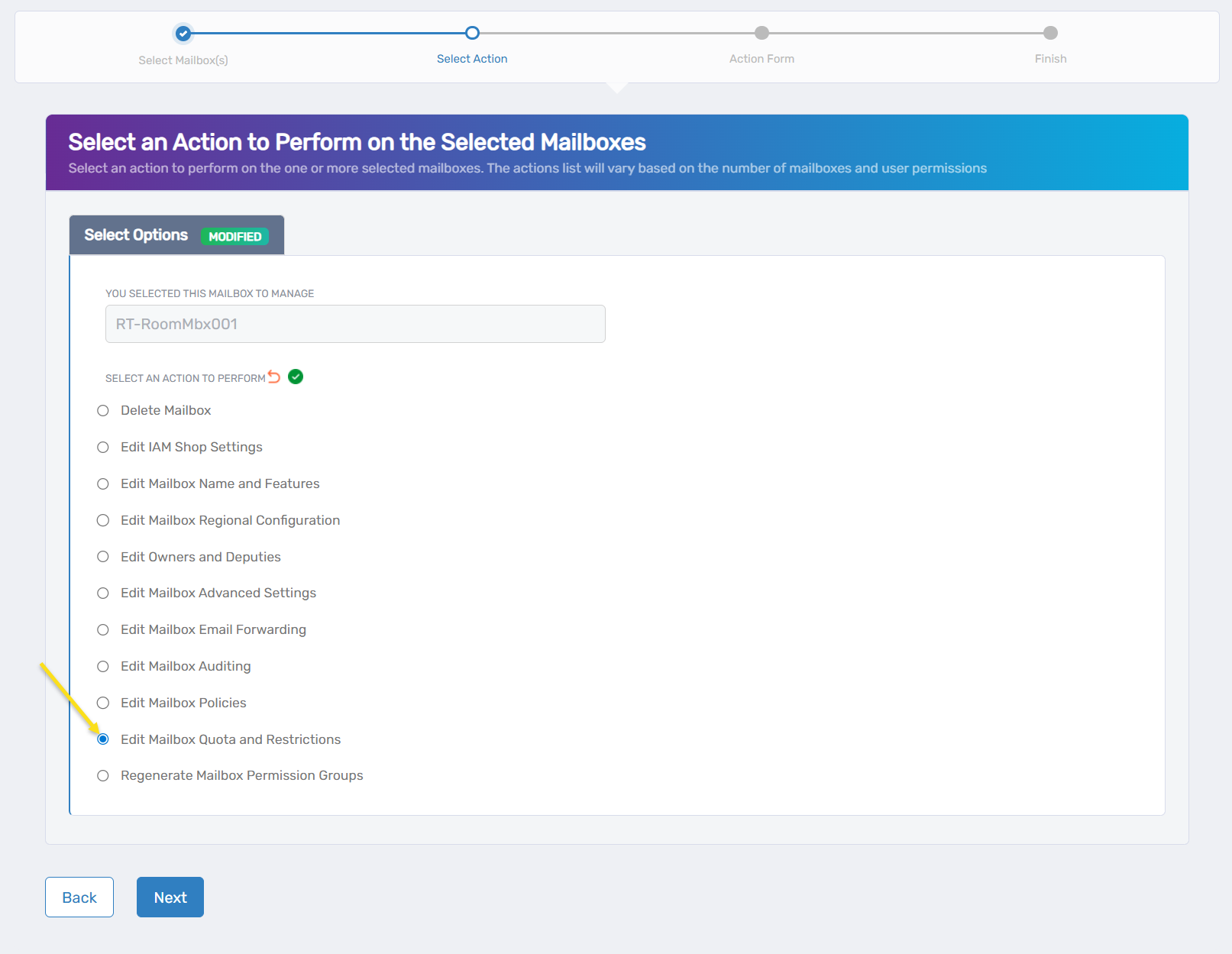 Edit Mailbox Quota and Restrictions Action