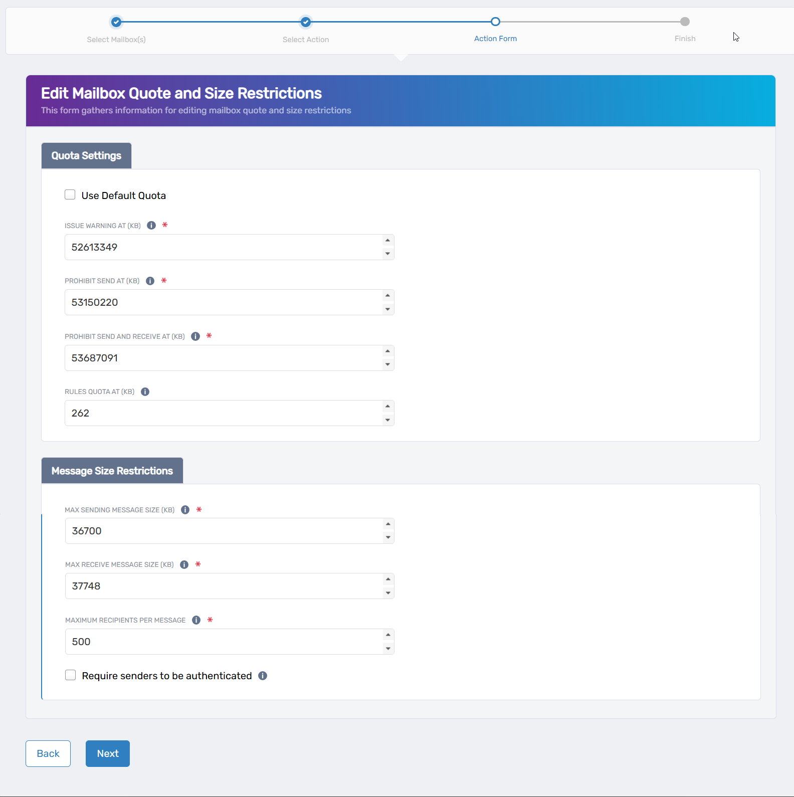 Edit Mailbox Quota and Restrictions Form