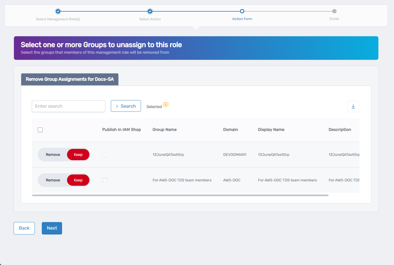 Remove Group Assignments screen