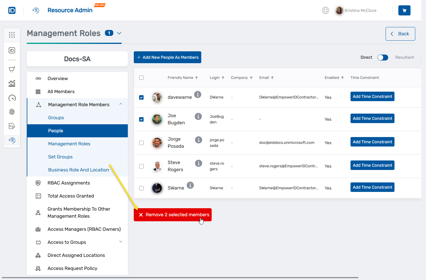 Remove selected members button