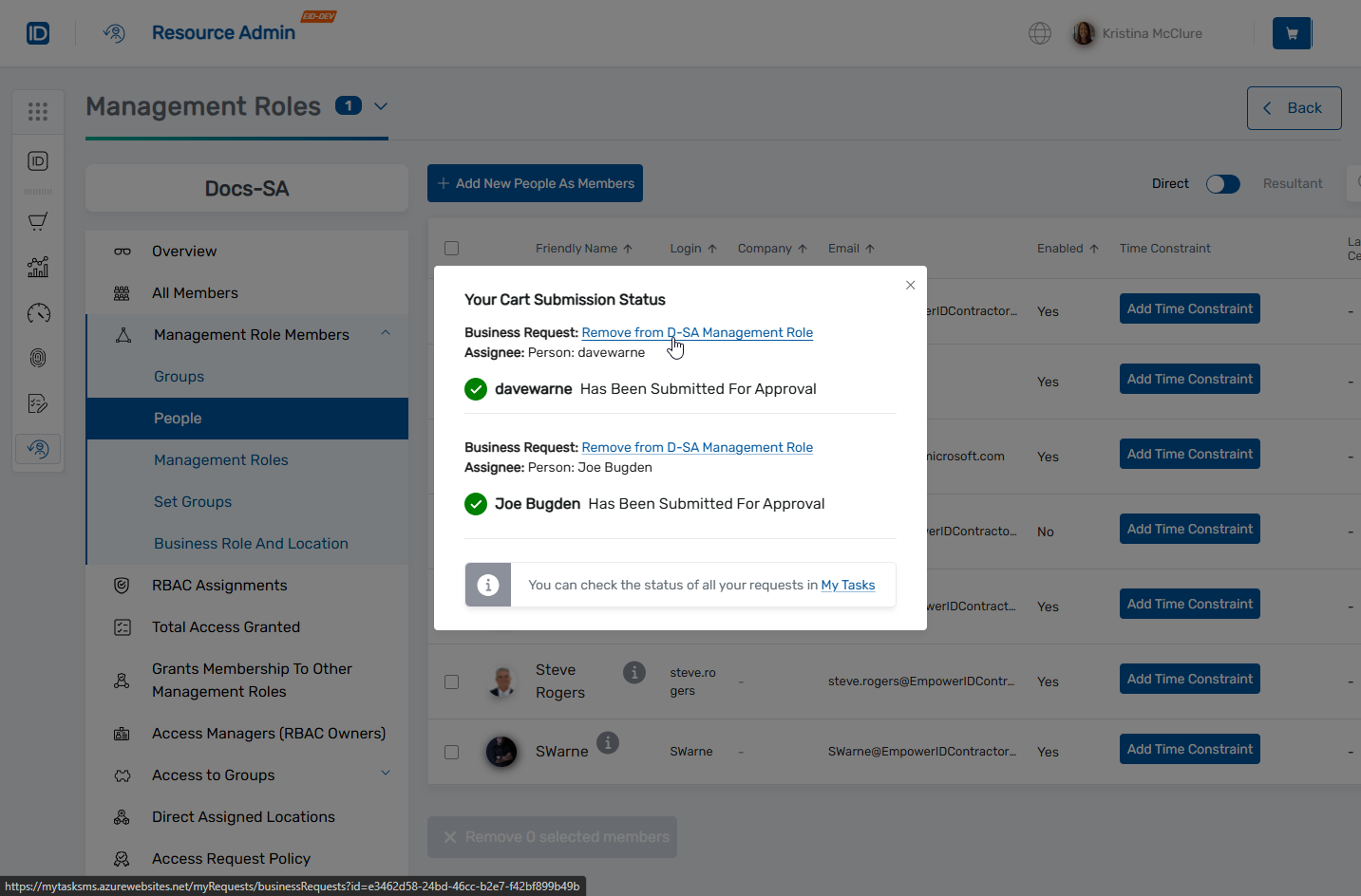 Cart submission status