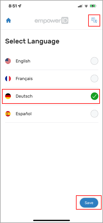 Language selection screen
