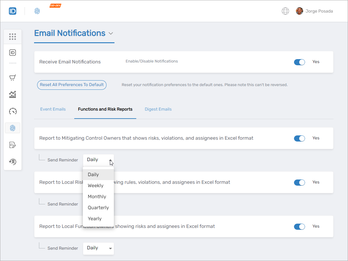 Function and Risk Report Settings