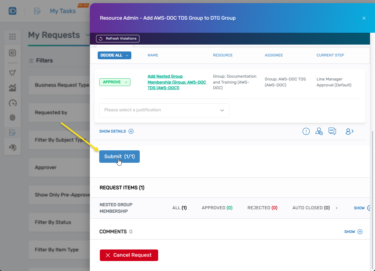Submit button for approval decision