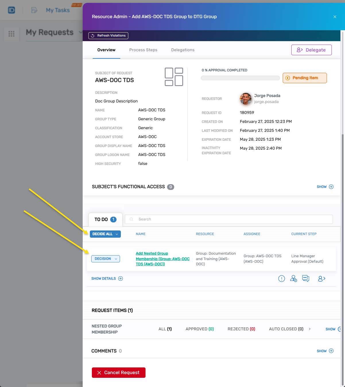 Request Drawer with Decision button for approvers