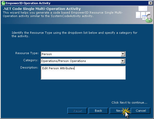 Operation activity wizard resource type selection