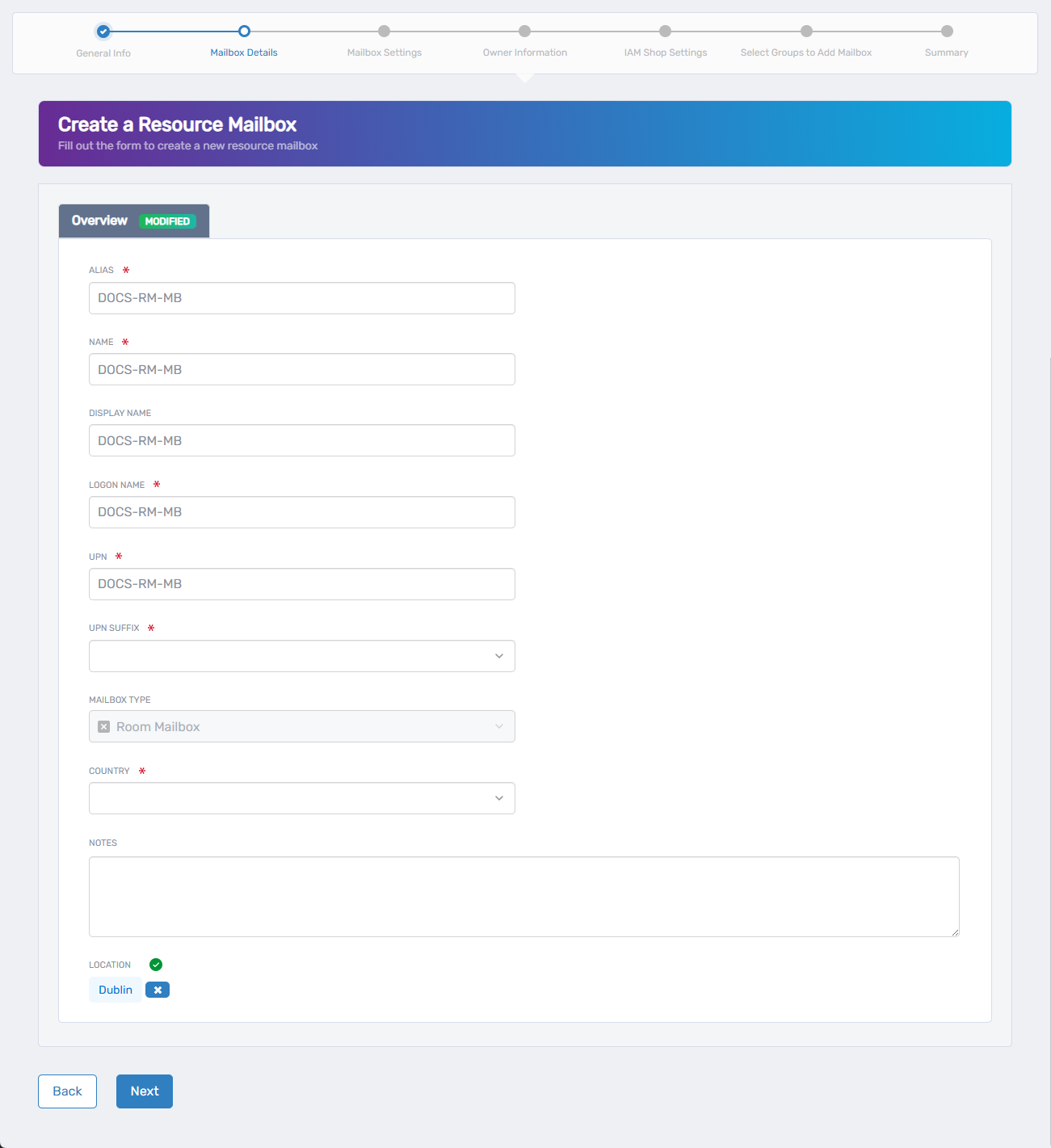 Mailbox Details configuration