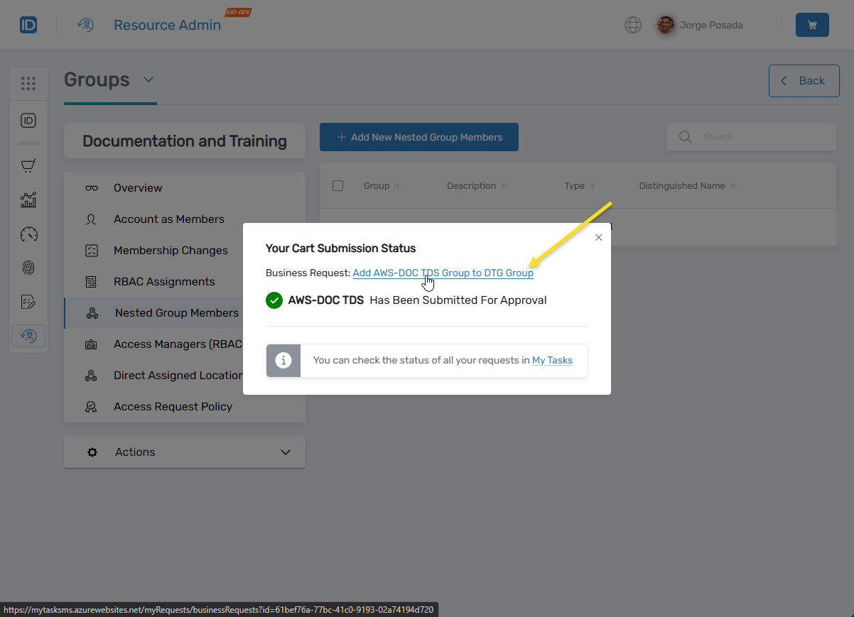 Request status message with My Tasks link