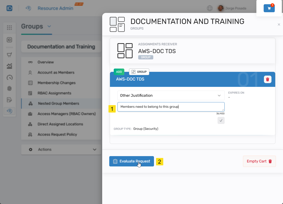 Shopping cart with Evaluate Request button