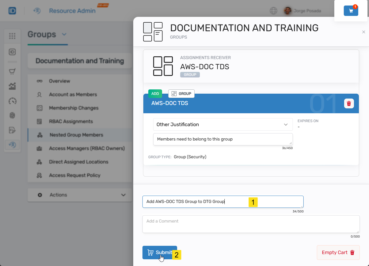 Submit dialog with Business Request Name field