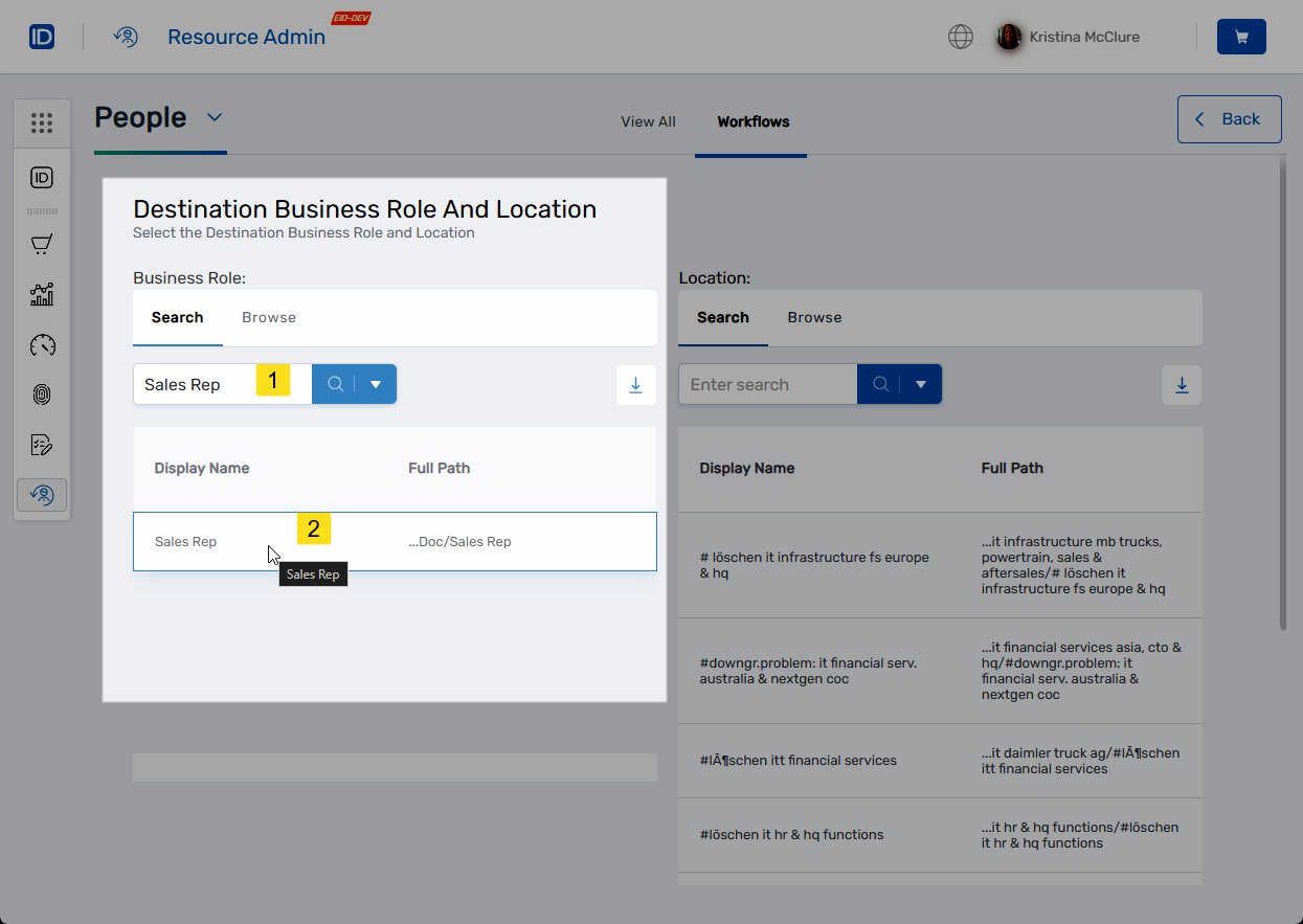 Select destination Business Role