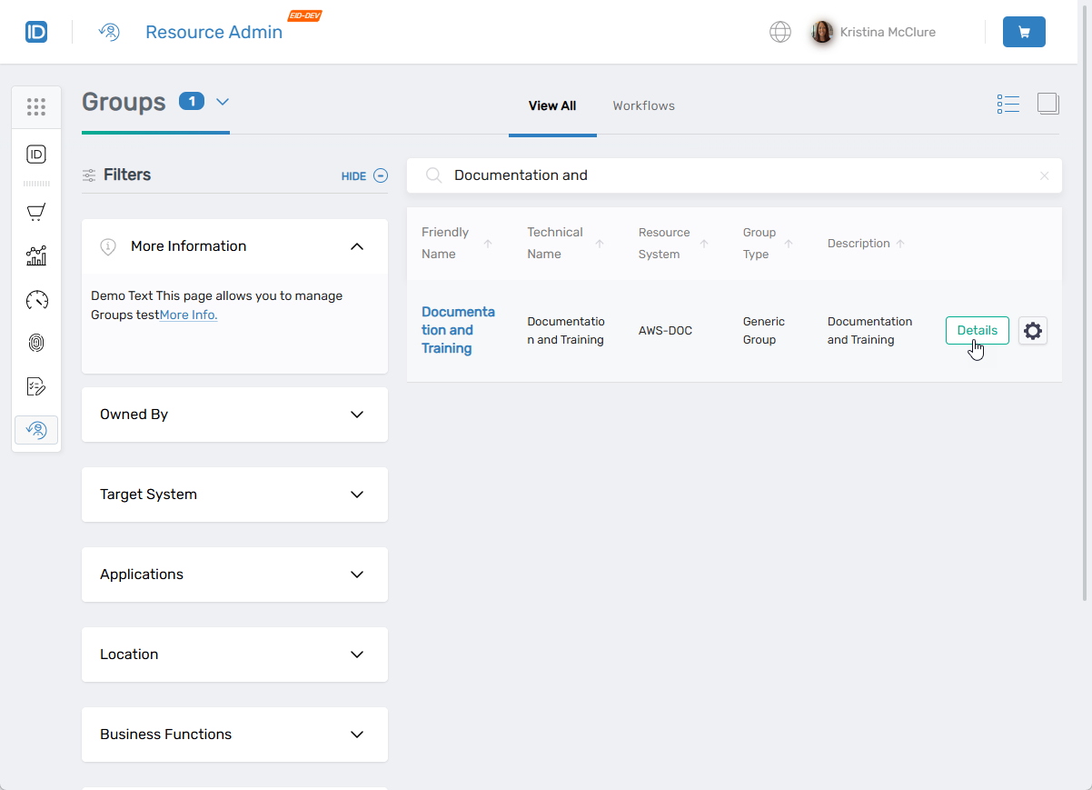 Details button on group record