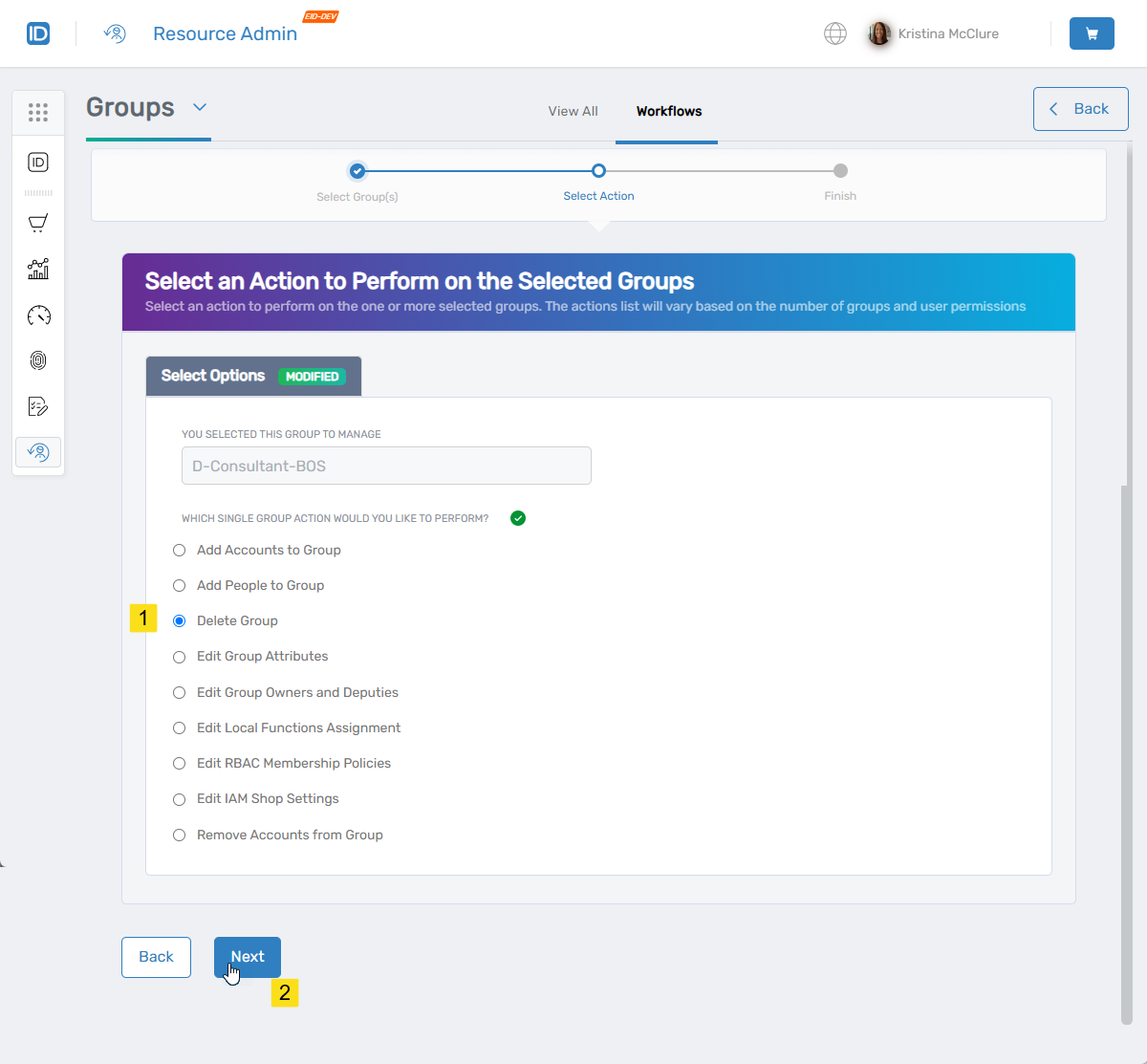 Delete Group option selected