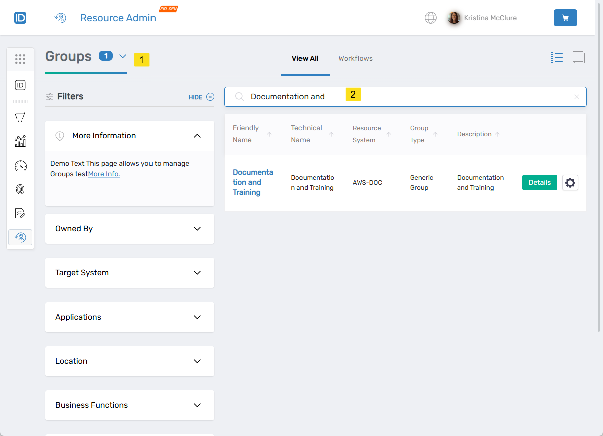 Resource Admin group search interface