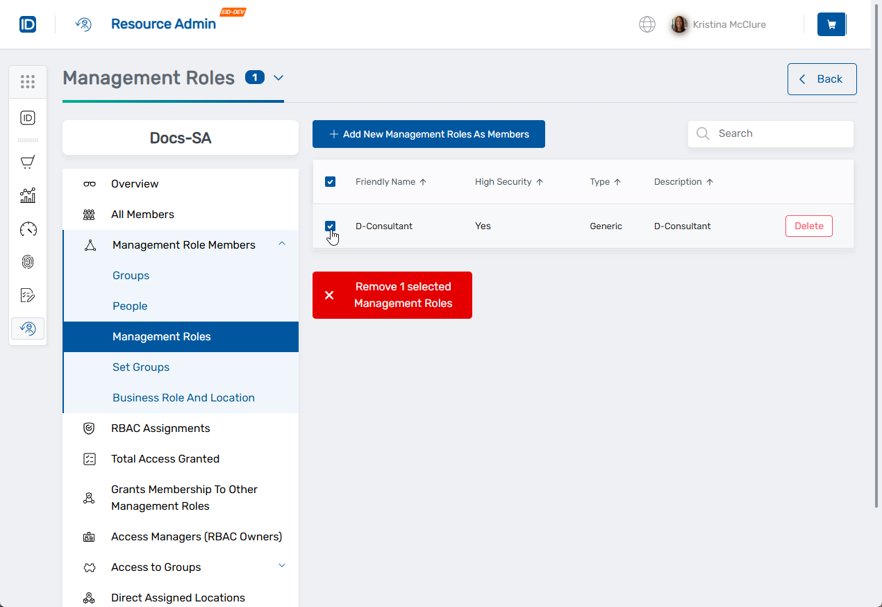 Select roles for removal