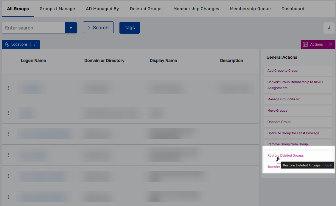 Restore Deleted Groups action button