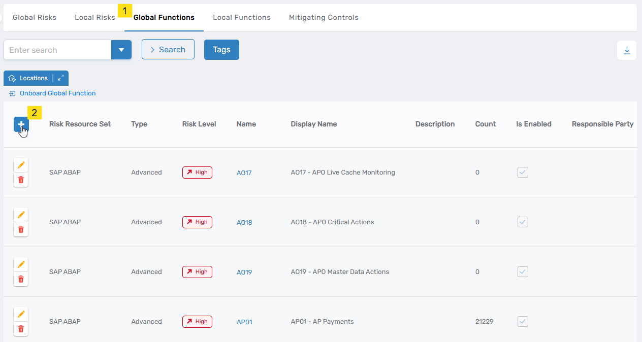 Global Functions tab and Add button