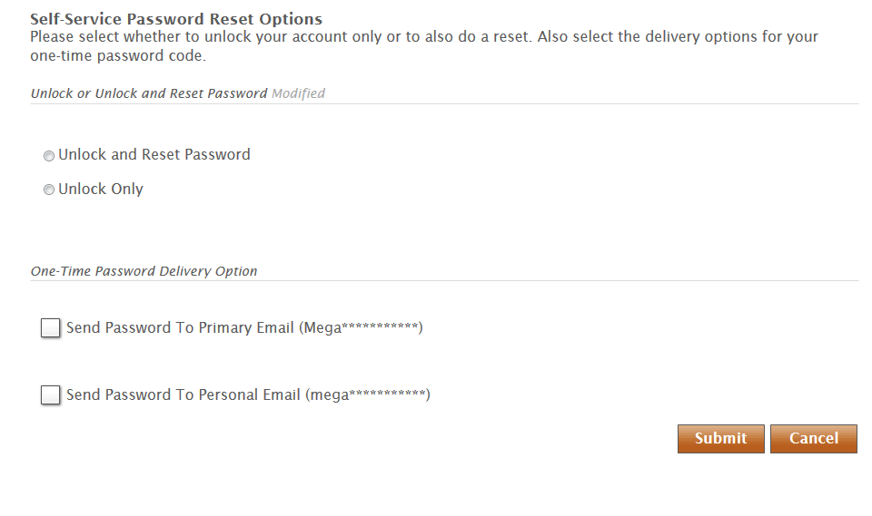 Password Reset Options Page