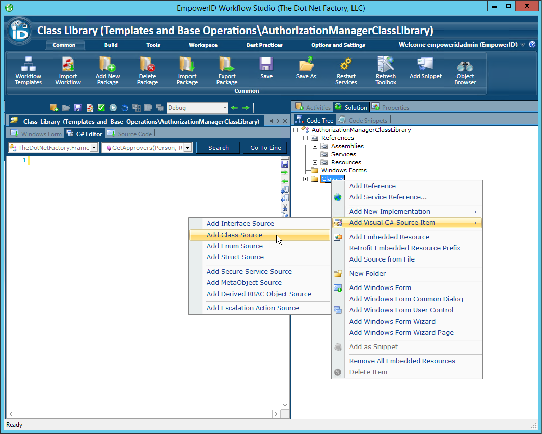 Add new class menu item